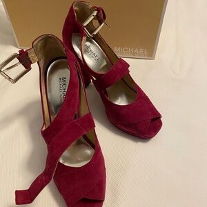 Michael Kors Burgundy Suede Peep-Toe Ankle-Strap Heels